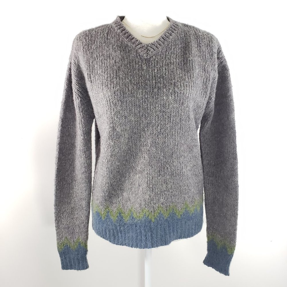 Vintage Pale‎ Wool Blend V-neck Pullover Sweater M Gray Blue Green Warm Layering